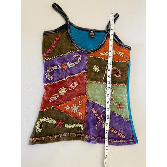 Women's Patchwork Hand-dyed Embroidered 100% Cotton Botanical Tank Top Shirt Med - Picture 4 of 6